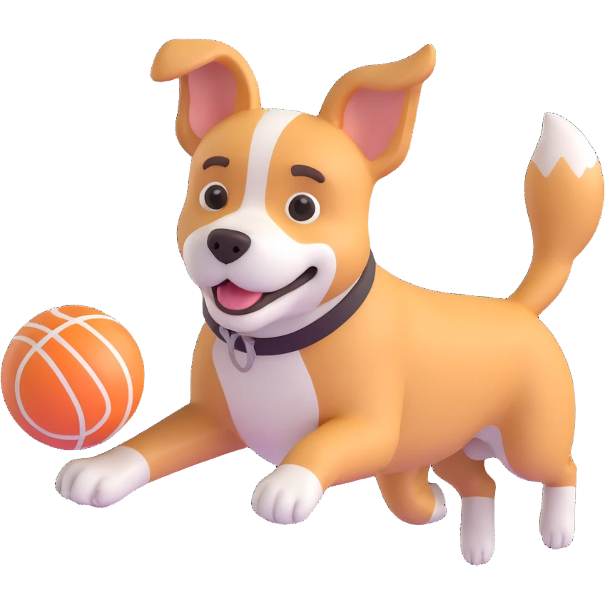 dog chasing ball in forrest, close up pose emoji