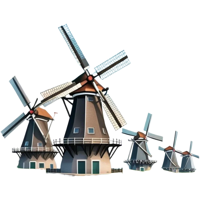 Cinematic Realistic Kinderdijk Windmills Landmark Emoji, depicted as a row of classic Dutch windmills set against a serene sky rendered with detailed textures and soft natural lighting. emoji