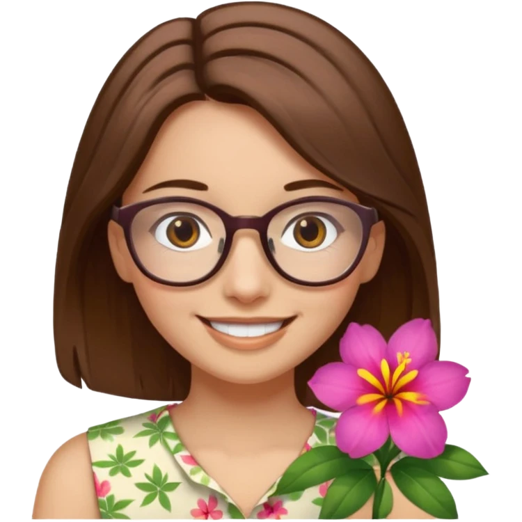 Hawaii female with fair skin. Shoulder length straight brown hair. Brown eyes with glasses. Hawaiian Flower in hair emoji
