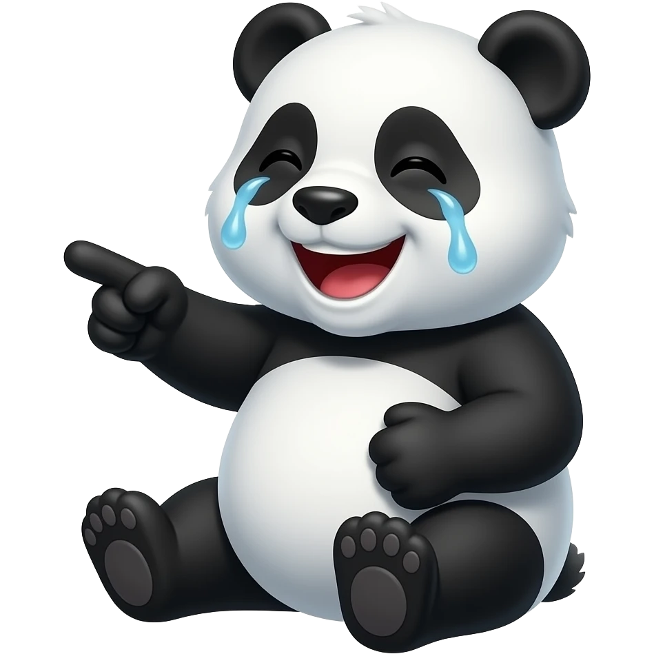 a sitting panda facing sideways laughing with tears with one paw pointing and another paw on it stomach emoji