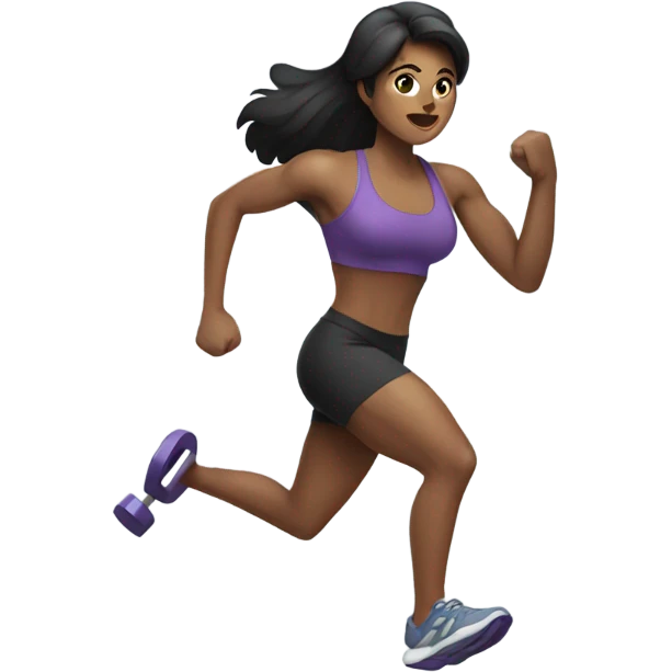 Woman with dark hair running and lifting weights emoji