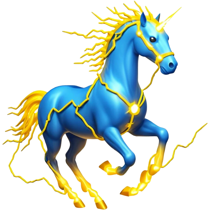 3D yellow electric horse made of lightning bolts, yellow electric wires, blue electricity sparks, dynamic running pose emoji
