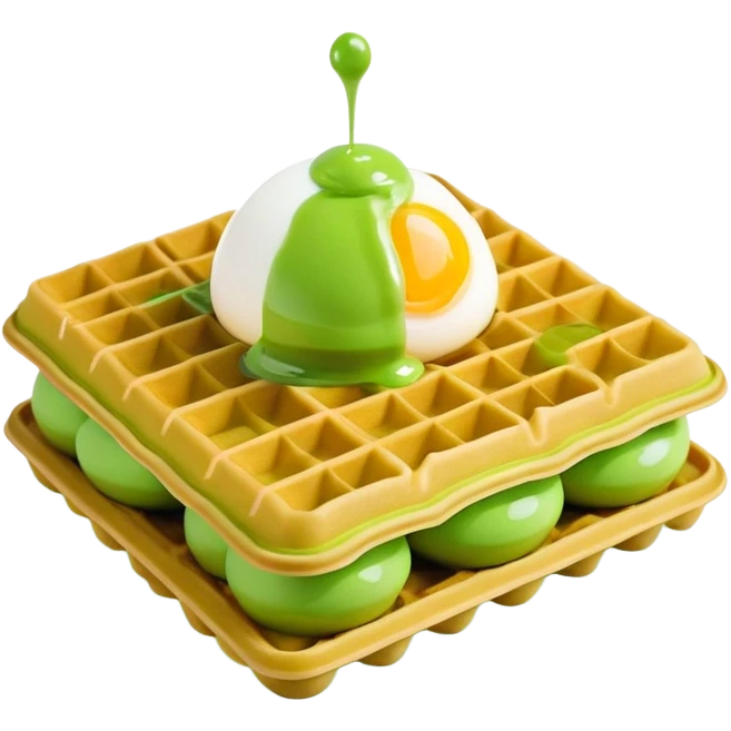 3D rendered hyper-realistic matcha green tea Hong Kong egg waffle with vibrant green color, detailed bubble texture, glossy candy-like surface, playful presentation, soft lighting emoji