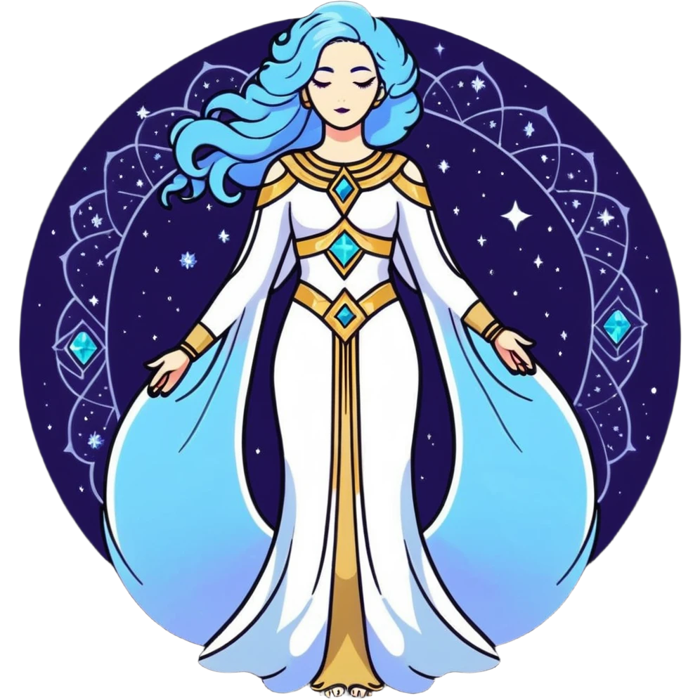 fullbody universe goddess Sophia, Ethereal Light Being, Made of starlight and fractals, Glowing white/gold skin with flowing translucent robes, Hair blue like galaxy mist, Jewelry made of stars and crystals emoji