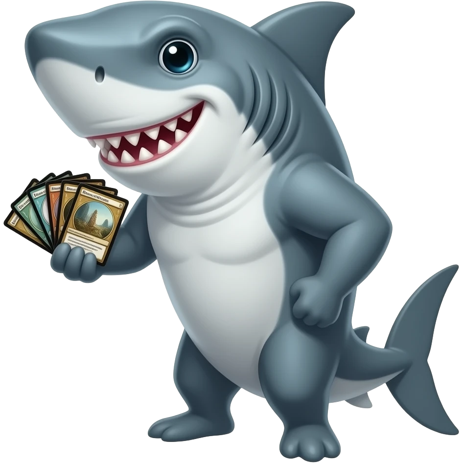 A shark holding Magic: The Gathering cards emoji