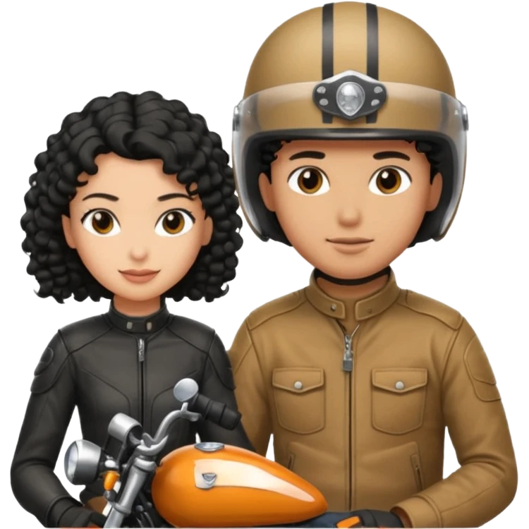 A man motorcyclist and a shorter girl with curly black hair, facing each other. emoji