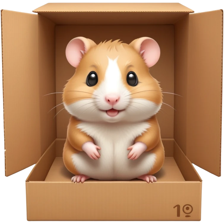  A very cute young  hamster  with one's head tilted to one side poked its paws out of the cardboard big box and placed them on top of it emoji