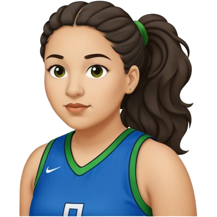  plus size light skin latino women basketball player with wavy dark hair in pony tail flat wide nose wearing blue green  uniform emoji
