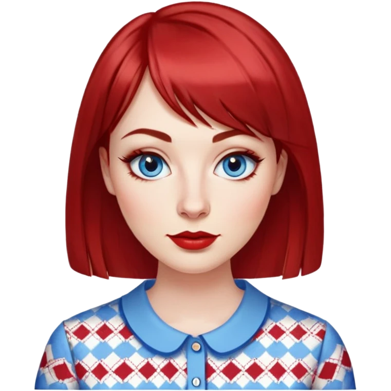 Woman in her 30s with clear white skin, oval face, large blue eyes with eyeliner, thin eyebrows, small nose, medium lips with red lipstick, dark red straight hair with bangs, wearing a red and white patterned shirt, friendly expression emoji