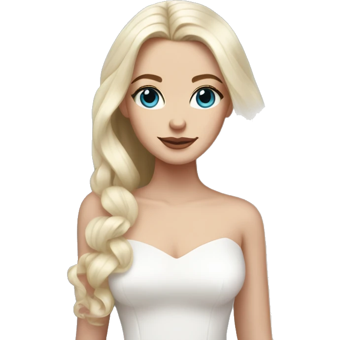 White bride with long light blonde hair and blue eyes with light pink peonies in hair white skin  emoji