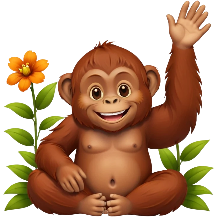 Orangutan happy sitting with flowers on its head and body emoji