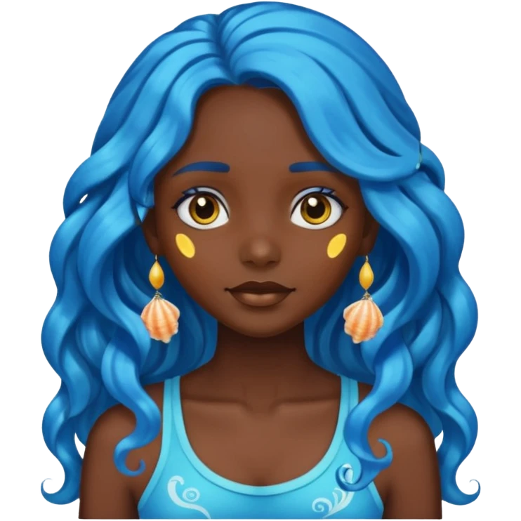 head of a dark skinned girl with shiny wavy long blue hair decorated with sea shells, emoji style emoji