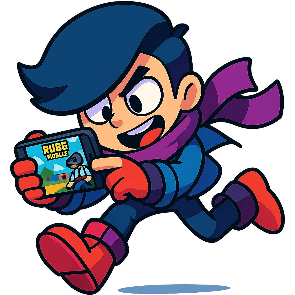 Edgar character from Brawl Stars playing PUBG Mobile on a phone, energetic pose, vibrant colors, cartoon style emoji