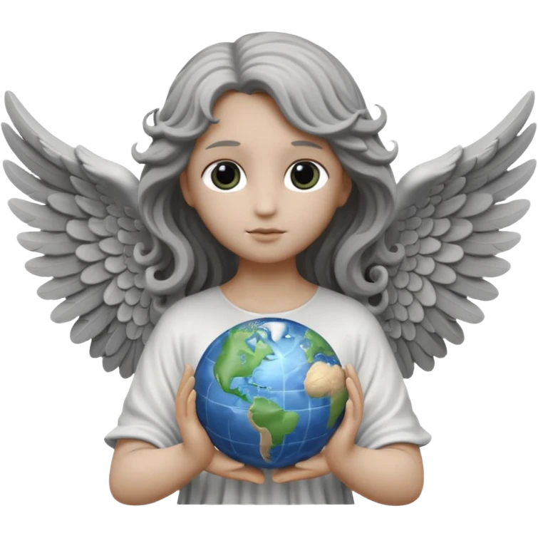Angel statue (All gray/Rock) long wavy hair hollow eyes feathered wings holding the world (White and Black)  emoji
