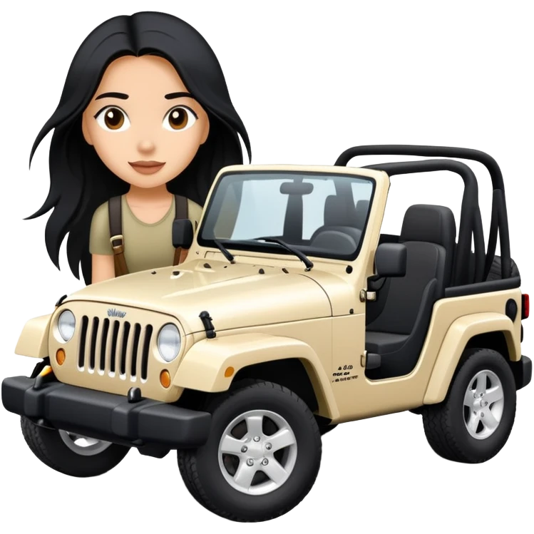 A girl with long black hair driving a white Jeep Wrangler Wrangler emoji