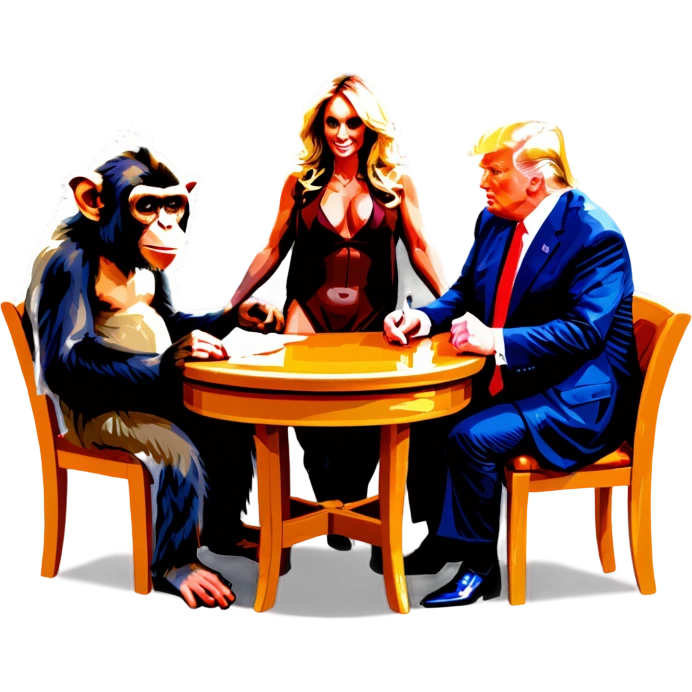 Stormy Daniels, a Monkey, a donkey, and Trump sit around a table emoji