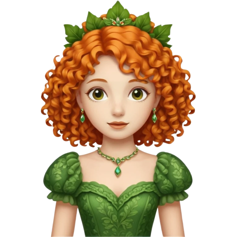 orange curly hair beautiful princess full body in leafy green dress elegant emoji
