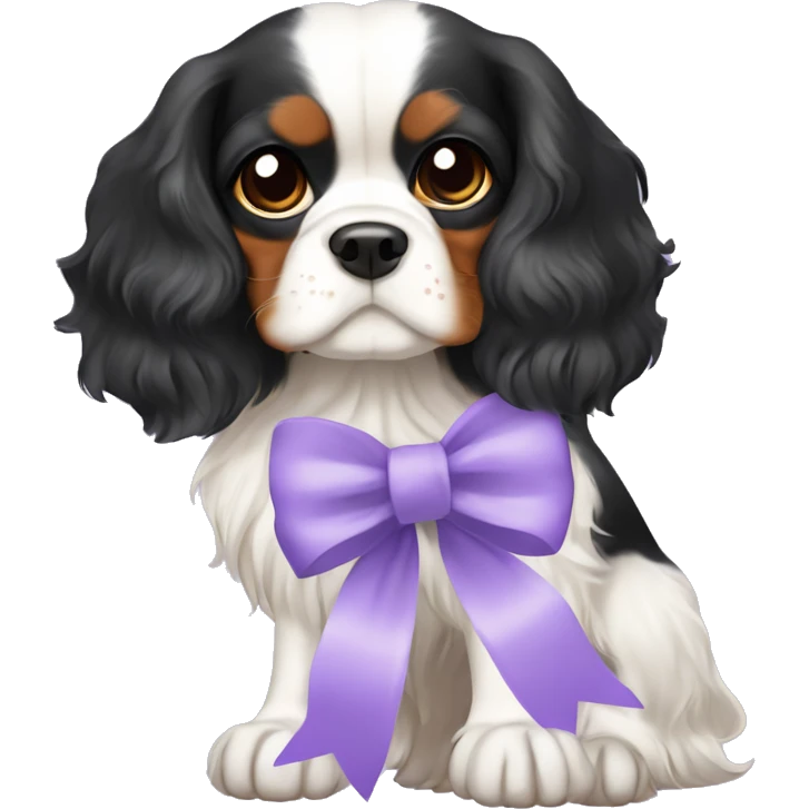 cavalier king charles spaniel color black wit tan with a lavender bow emoji