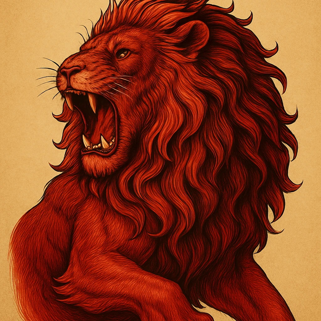 Transform the lion into a colorful red lion, keeping the roaring pose and half of the body visible, in a detailed illustrative style. emoji