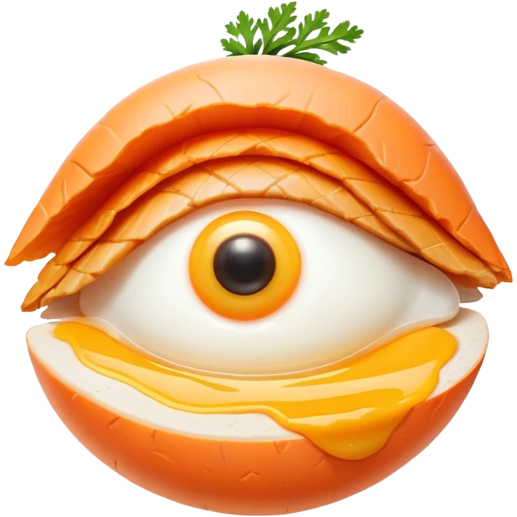 Carrot, chicken, and egg yolk surrounding a simple eye symbol and a small patch of glowing healthy skin. Gentle rays connect the foods to the eye and skin, showing vitamin A's role in vision and skin health. emoji