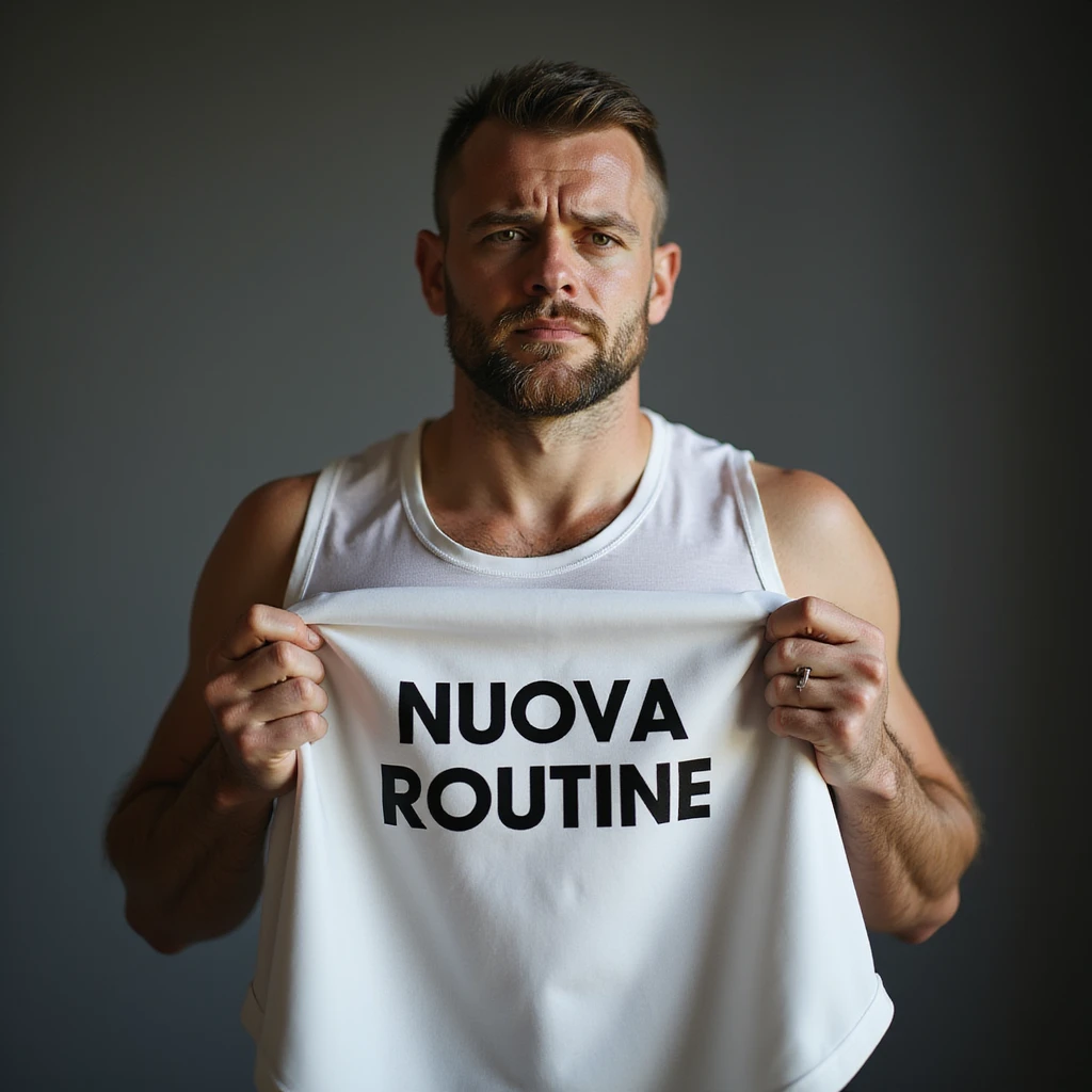 hyperrealistic 4K image of a sporty man with a sad expression holding a sheet with the text 'NUOVA ROUTINE', variation 13, no background emoji