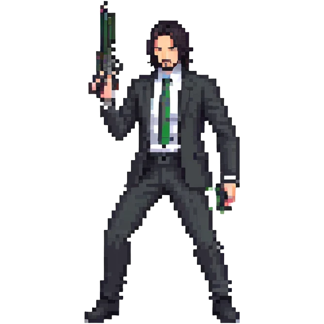 John Wick character with black suit, long dark hair, holding a gun emoji