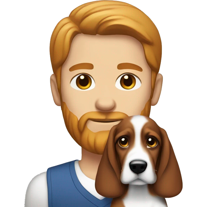 White male with brown hair and slightly red beard with Bassett hound female puppy  emoji