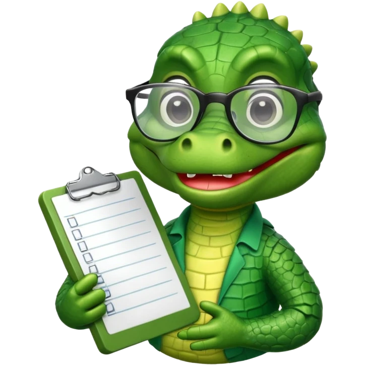 A cartoon alligator with a clipboard and glasses emoji