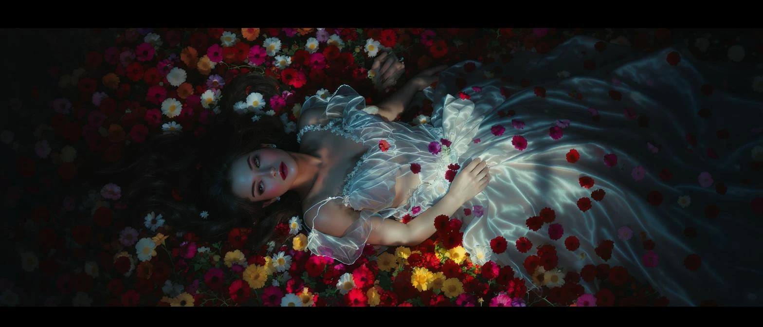 Camera drom top, Motion blur Extreme Closeup photo of a beautifull woman lay around beautifull colorfull flowers, cinematic light, 8K, very detailed, sharp, depth (foreground, midground, background) Spotlight, dark environemnt emoji