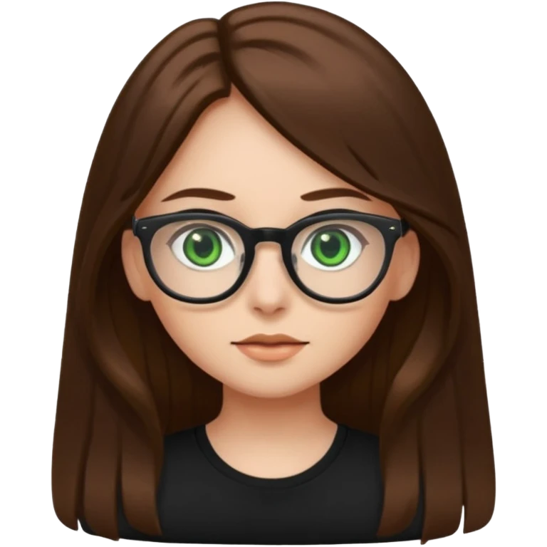Girl with long brown hair, green eyes, glasses and a black top on emoji