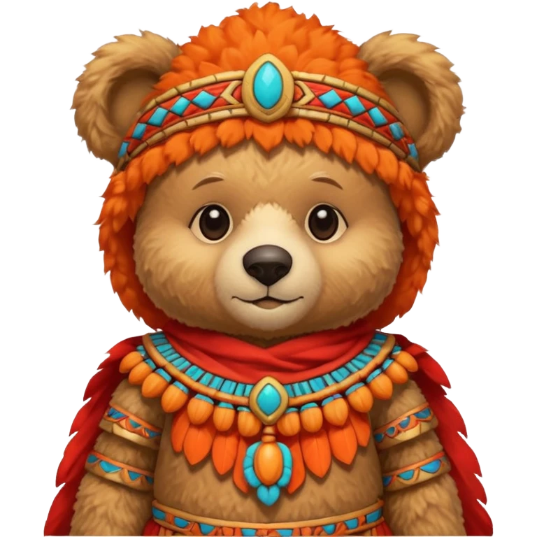 teddy bear Upper, wearing red mayan ancient custome, with carrot half body emoji