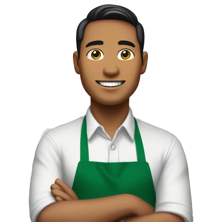 malay male starbucks barista with white t shirt and green apron, and starbucks logo in the middle of apron emoji