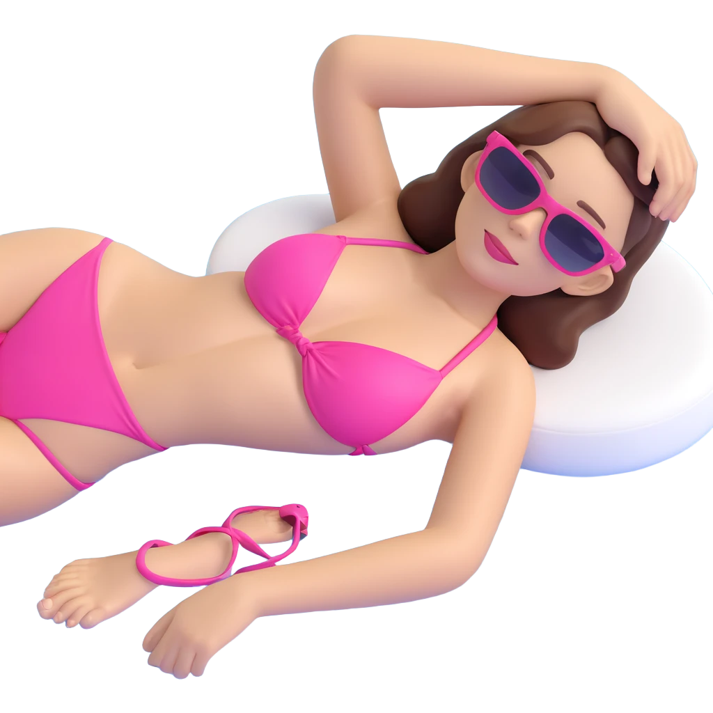 a woman in a pink bikini, sunglasses, relaxing by the pool, bright and cheerful emoji
