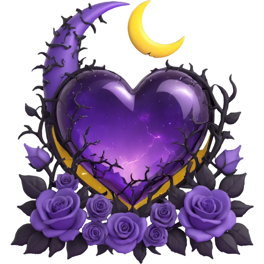 gothic heart made of purple glass with a crescent moon above the heart, black roses on each side, shimmering stardust, arcing lightning, pouring rain, jagged cracked glass texture emoji
