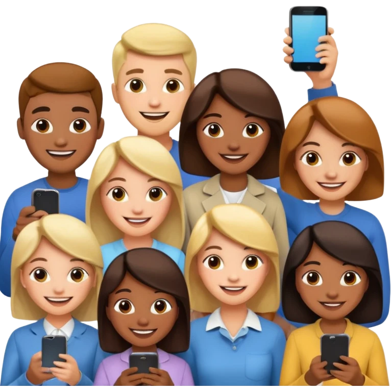 a crowd of people with happy faces and holding phone emoji
