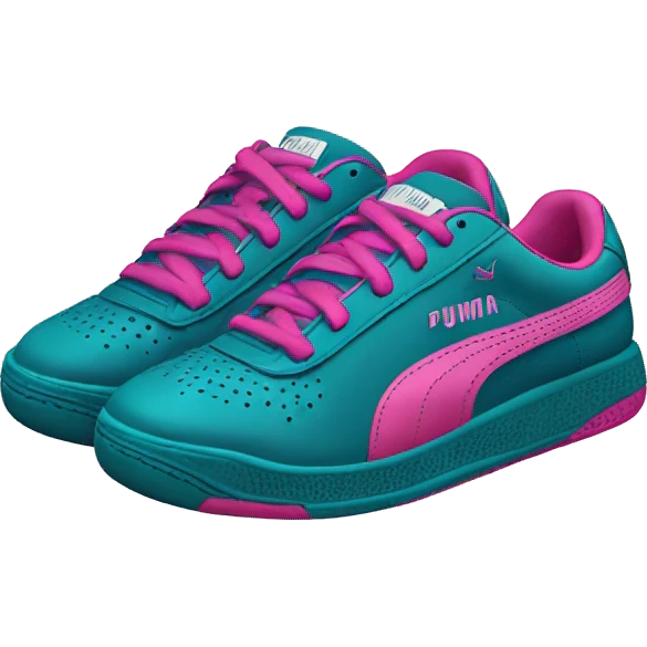Realistic isolated side view of a pair of dark teal blue pink and magenta Puma Sneaker tennis shoes. emoji