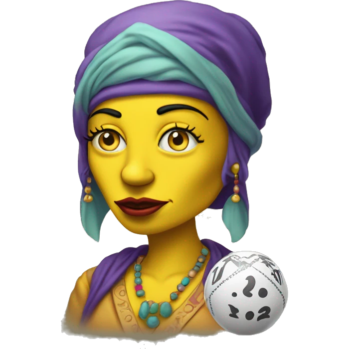 YELLOW COLORED SKIN female fortune teller in simpsons style front view holding a ball face must b toony and cartoonish  emoji