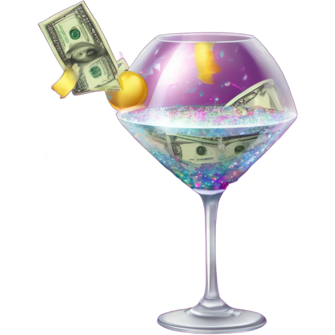 A glittering disco ball with dollar bills flying around it, a spilled wine glass, and a lipstick-stained martini glass surrounded by confetti and sparkles emoji