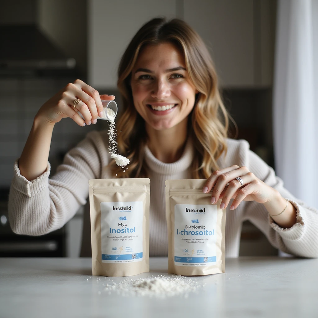 realistic photograph of a smiling woman in a domestic environment, customizing the use of Myo-Inositol and D-chiro-Inositol: two distinct packages with visible labels, dosing or mixing powders in a glass, positive atmosphere, natural light emoji