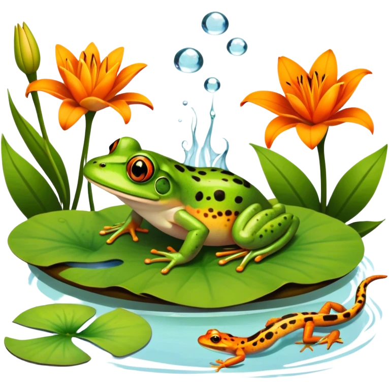 Icon for Amphibians: A colorful collage featuring a frog sitting on a lily pad, a salamander crawling on the ground and a newt swimming in water. The background features lily flowers and a calm pond setting. Transparent background. emoji
