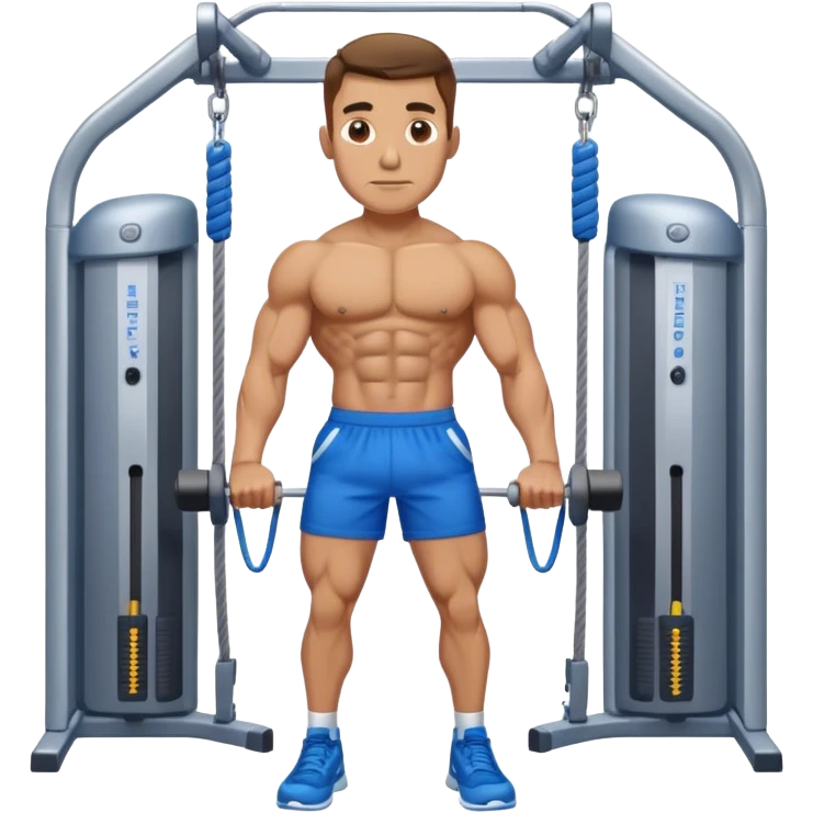 standing fit man with blue shorts cable-machine exercise emoji