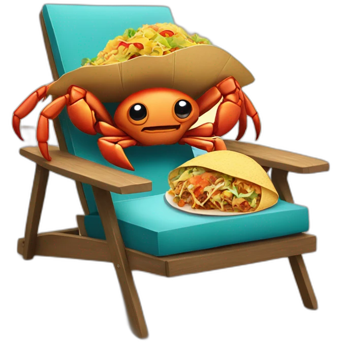 huge crab with huge taco, lying together in a chair at the beach emoji