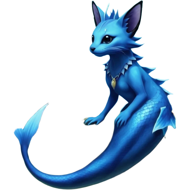 Epic complex abyssal fantasy swampy glorious detailed dark dusky gloomy deep gothic gloomy cobalt-blue-abyss-blue-black-greyish, realistic Fakémon-Sprigatito-Floragato-Meowscarada-Vaporeon-Salandit-Trico-Sergal-Serval-Vernid-creature (full body) with mermaid-ears, tail fin, shiny sparkly, iridescent emoji
