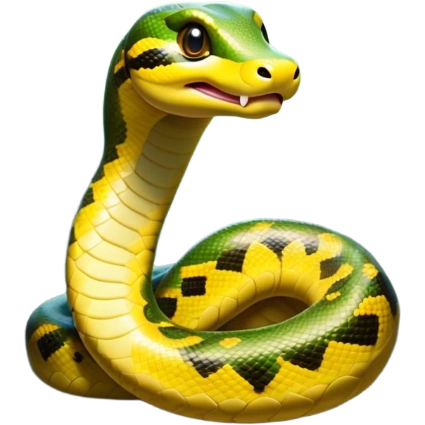 Cinematic Cute Anaconda Portrait Emoji, Head tilted playfully and inquisitively, with a sleek, shimmering body adorned with detailed scale patterns and round, sparkling eyes full of wonder, Simplified yet irresistibly adorable features, highly detailed, glowing with a warm, friendly jungle glow, high shine, affectionate and lively, stylized with a touch of whimsical reptilian charm, soft glowing outline, capturing the essence of a mischievous serpent that feels like it could slither out of the screen into your arms! emoji
