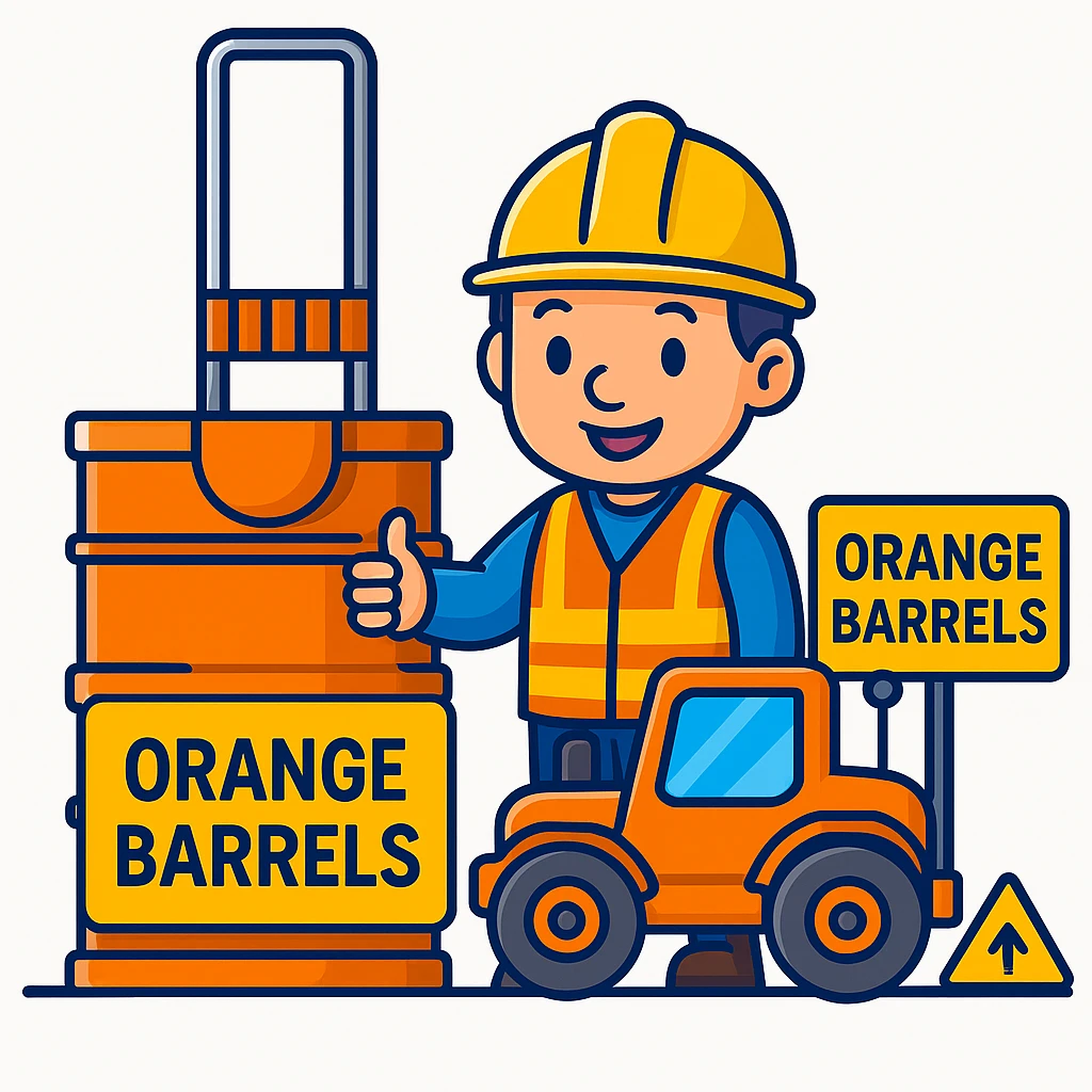 Add a friendly cartoon construction worker standing next to the orange road construction barrel and the 'Orange Barrels' sign. The worker should wear a yellow hard hat and a safety vest, matching the playful, bright cartoon scene. emoji