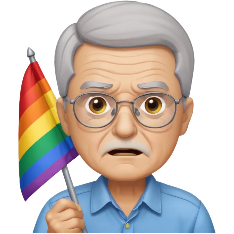 make old old man like 80 with gray hair and fur has HUGE EYE brows and glasses and is always mad and gay holding the rainbow flag emoji
