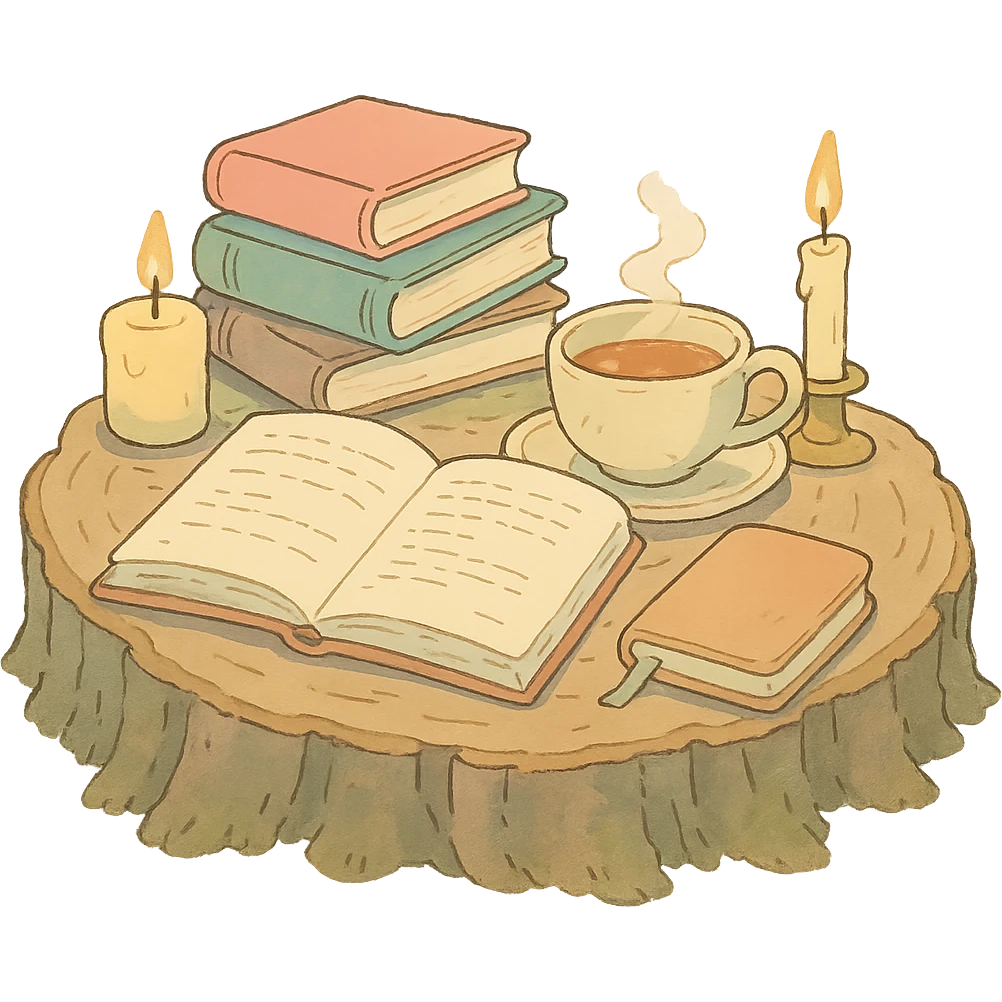 a log with tea, books, and candles, soft forest journaling mood, soft pastel colors, ghibli style emoji