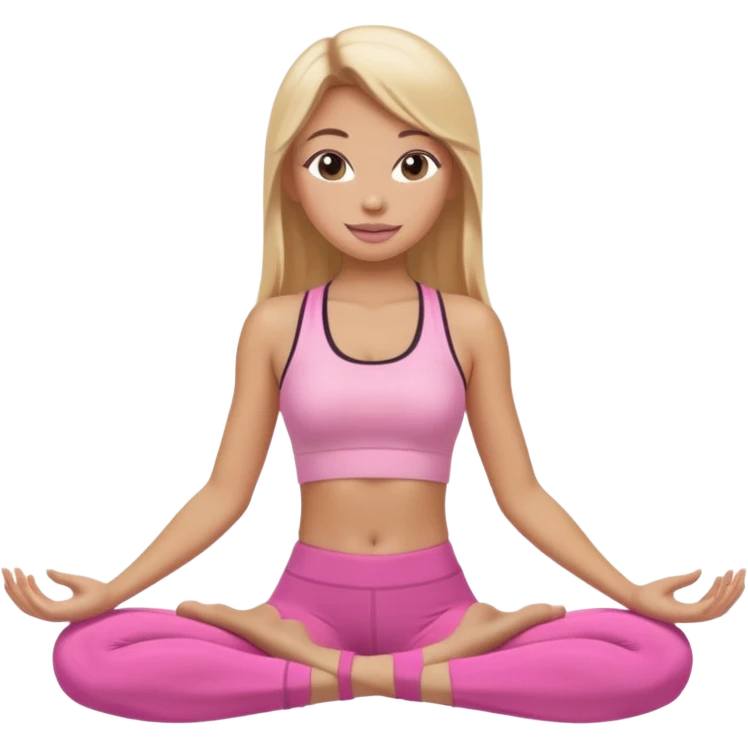 Mujer color de piel moreno claro con cabello rubio suelto y lacio y largo, que tenga gloss en los labios y se vea usando Blush rosita, usando un top rosa deportivo y leggins deportivo rosa en una pose de yoga sentada, viendo hacia enfrente con ojos negros y sonriendo sin mostrar los dientes emoji