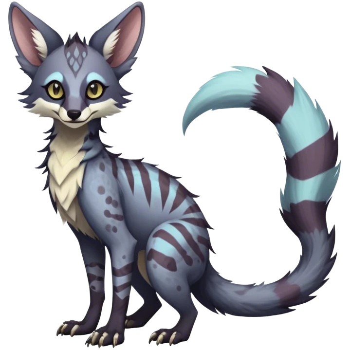 Feral Rare Fantasy dark pastel Vernid-Sergal-Genet-Trico-species by LiLaiRa, random markings, tufted tail, tufted ears, full body emoji