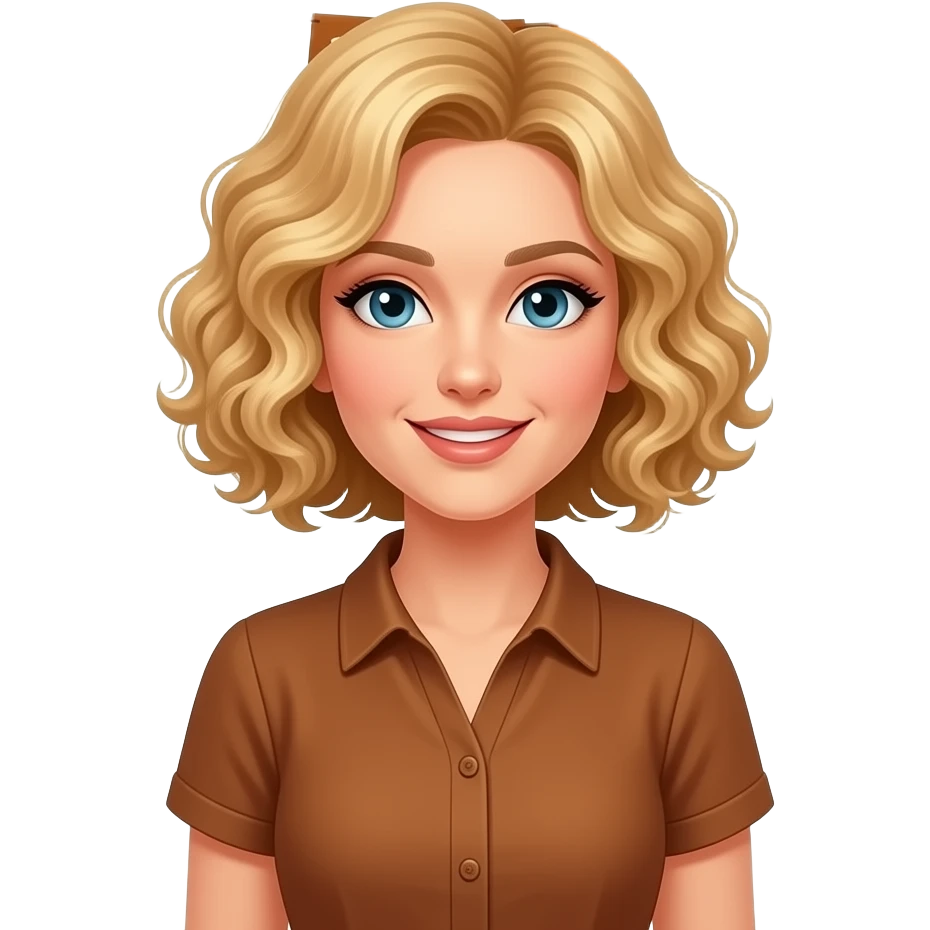 blonde tight curly hair in a short bob Happy Thanksgiving banner and acorns and brown and red leaves around in a short sleeve brown blouse emoji